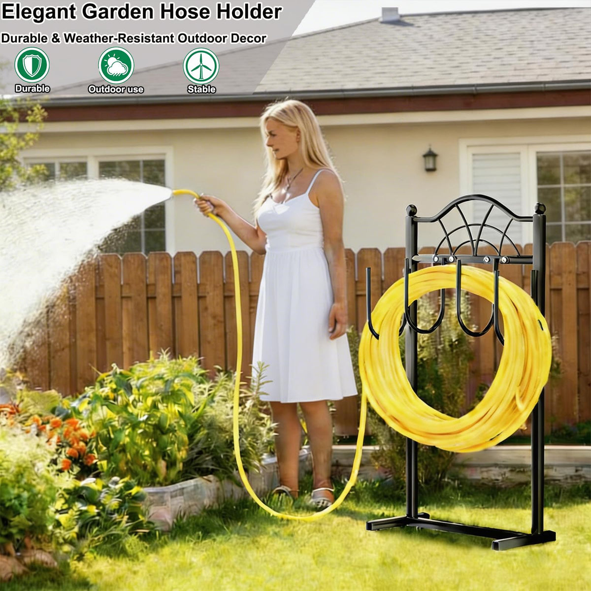 Shomextol 100ft-capacity hose holder accommodates long hoses without tangles.