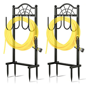 Shomextol hose holder with a four-prong frame provides sturdy outdoor storage for hoses.