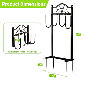 Shomextol freestanding hose holder offers vertical storage to reduce ground clutter.