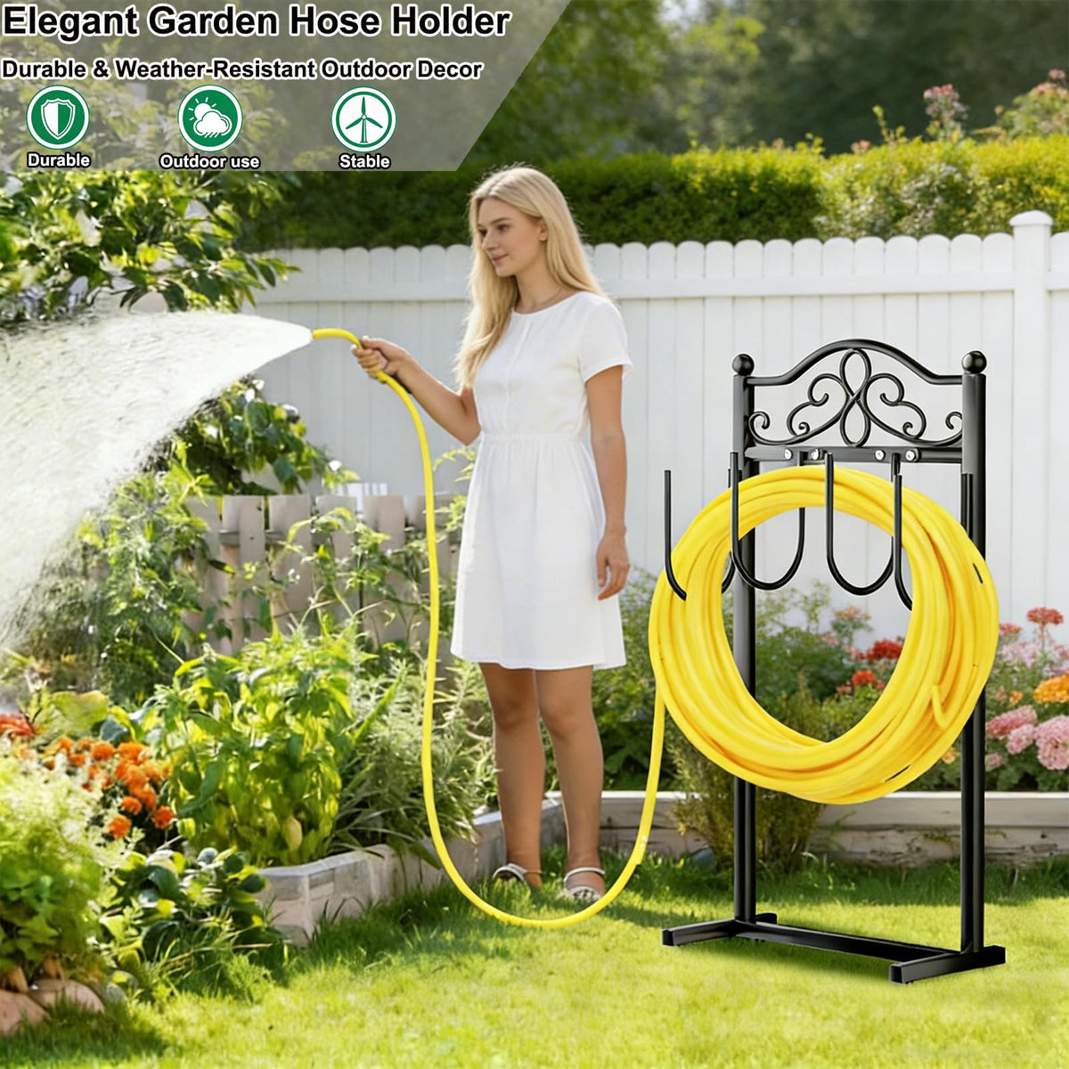 Shomextol weatherproof black hose rack protecting hoses in sun and rain.