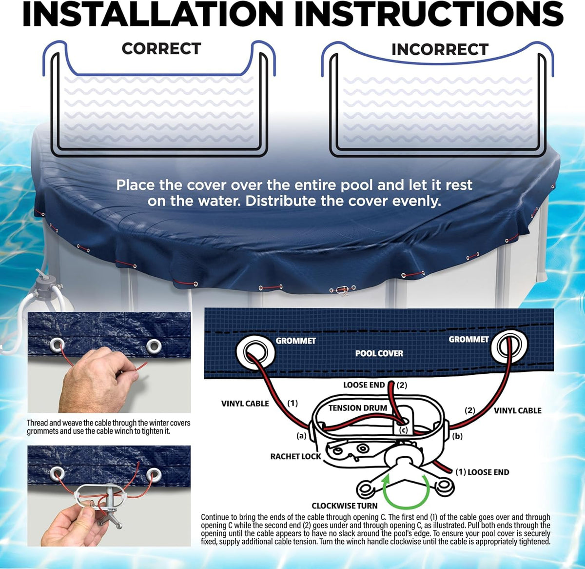 Shop Square 12ft round pool cover with cable and winch for secure installation.