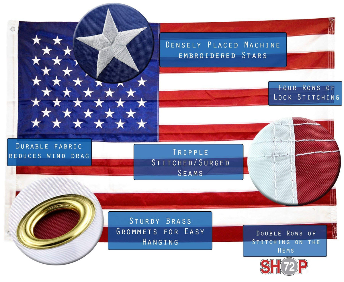 Shop72 flag displays vivid white stars with sewn stripes.