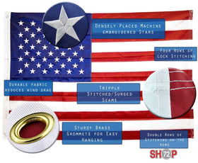 Shop72 flag displays vivid white stars with sewn stripes.