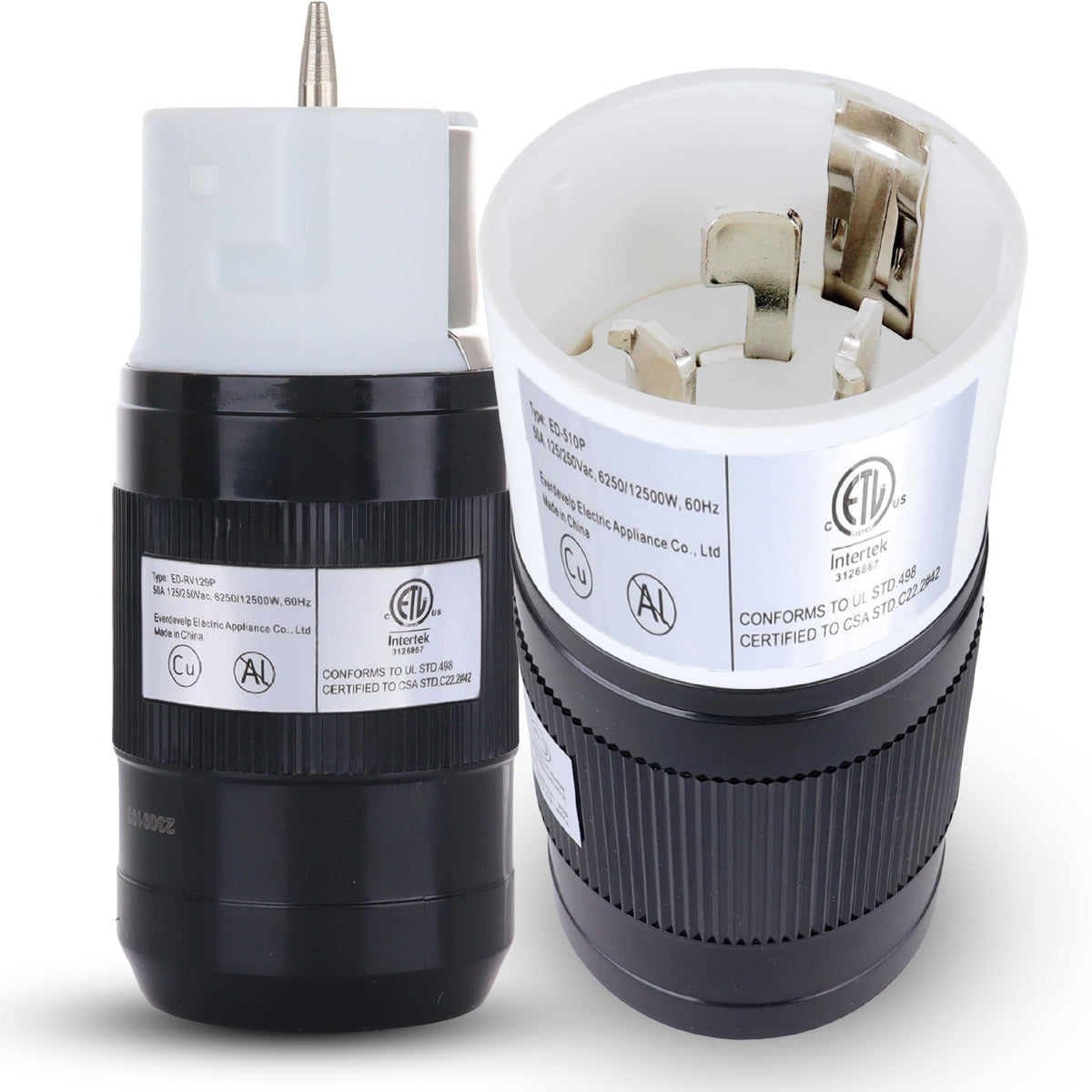 Shopcorp 50A twist-lock RV plug female for secure outdoor power connection.