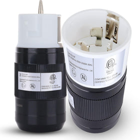Shopcorp 50A twist-lock RV plug female for secure outdoor power connection.
