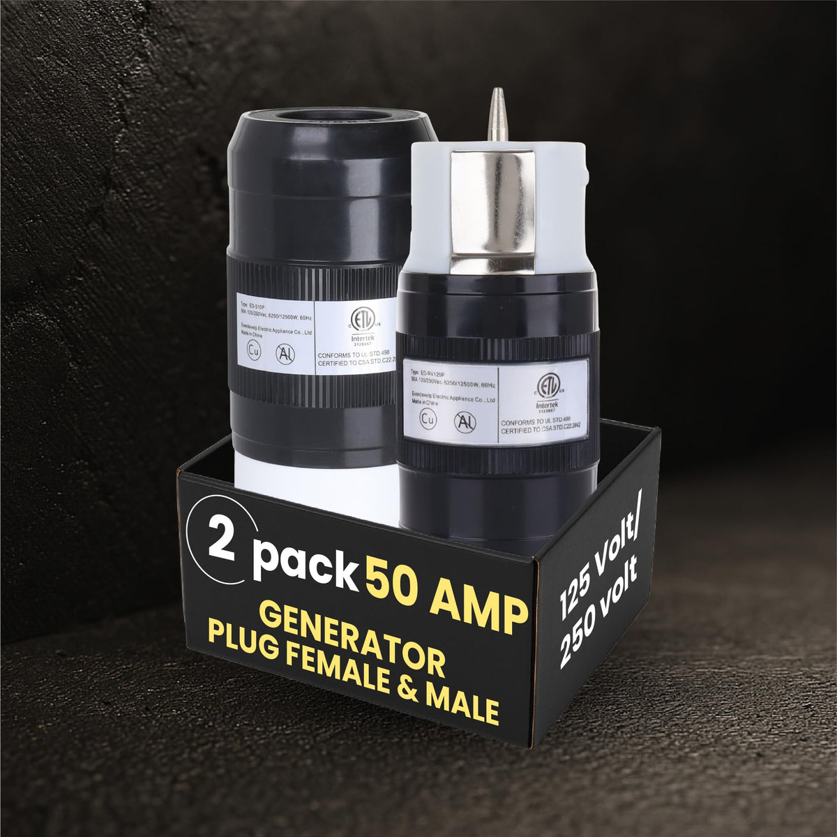 Shopcorp 50A twist-lock RV plug male enabling reliable outdoor power link.