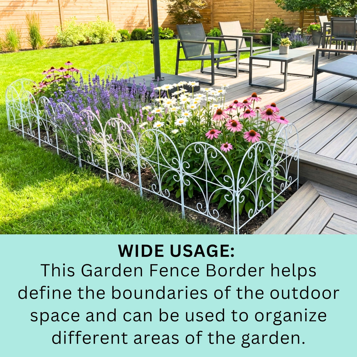 ShopLaLa white metal fence is durable and rustproof for outdoors.