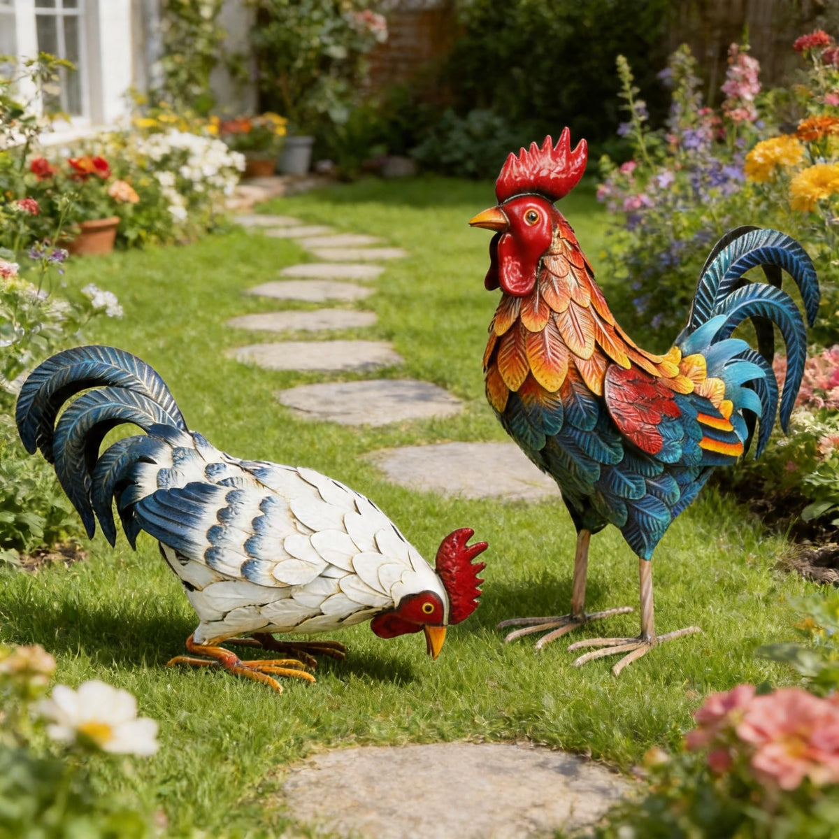 Shorayn dual rooster statues set ready to display.