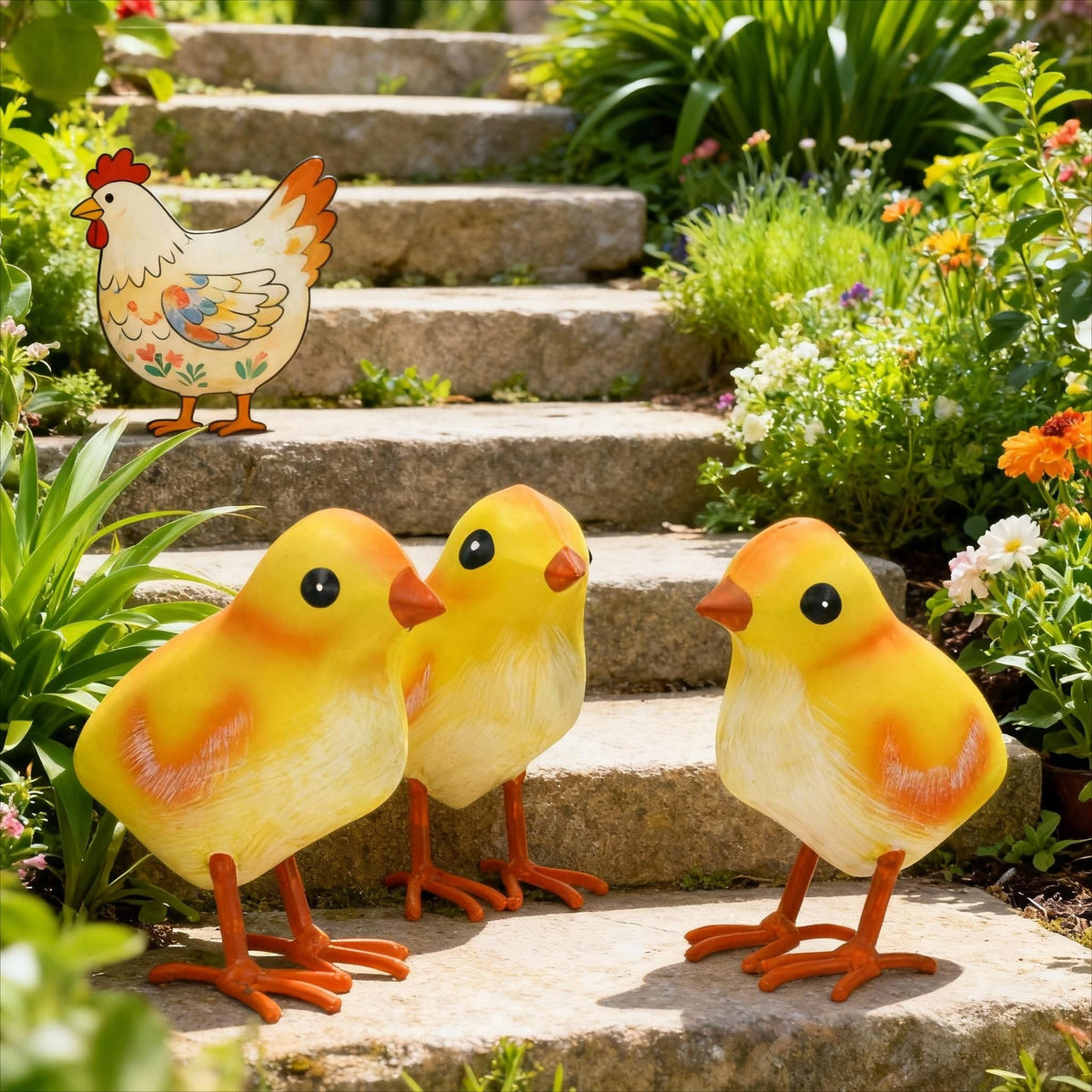 Shorayn rooster and chicken trio creates a lively garden scene.