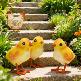 Shorayn rooster and chicken trio creates a lively garden scene.