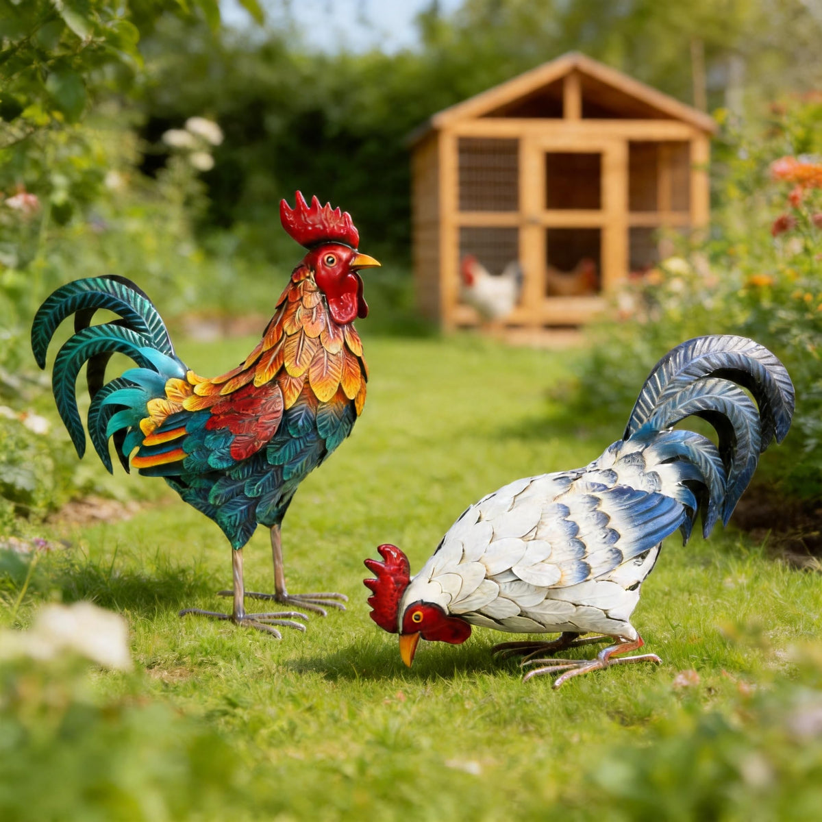 Shorayn metal rooster red yard statue with durable outdoor finish.