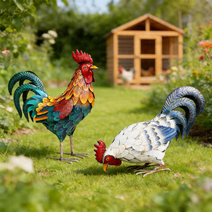 Shorayn metal rooster red yard statue with durable outdoor finish.