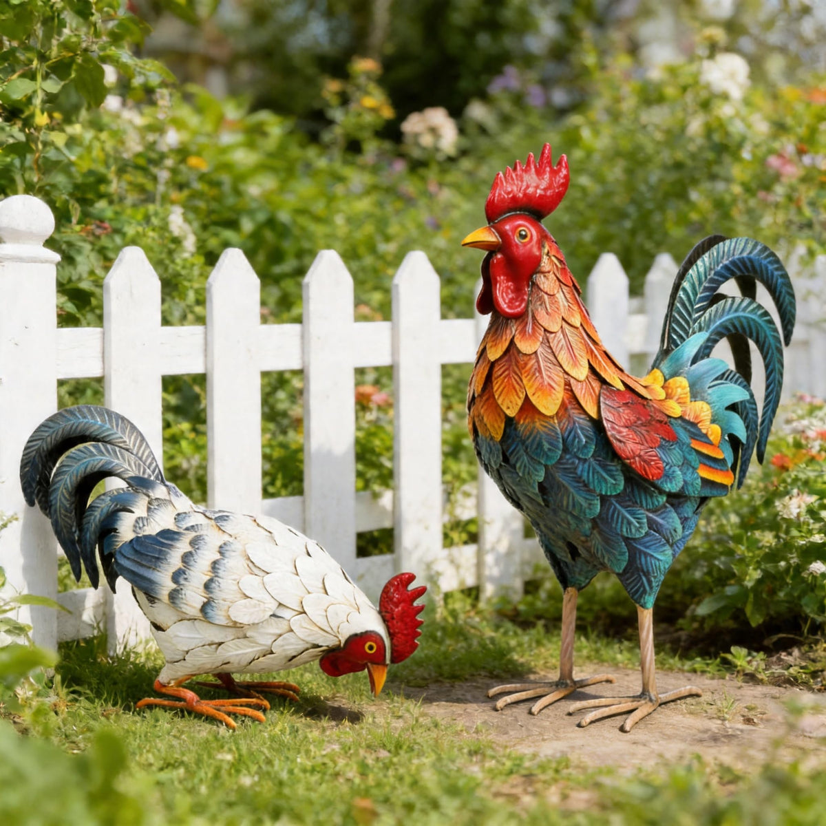 Shorayn rooster statue close up shows hand painted detailing.