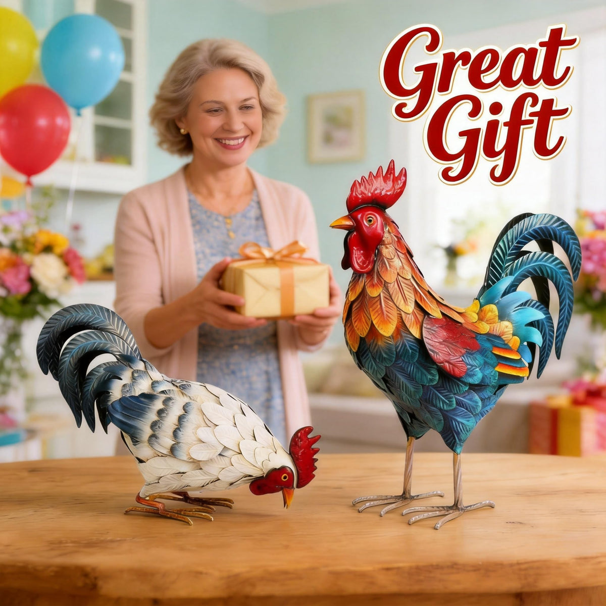 Shorayn outdoors rooster statue in garden adds whimsy.