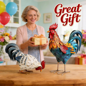 Shorayn outdoors rooster statue in garden adds whimsy.