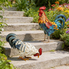 Shorayn weatherproof rooster figures withstand sun and rain.