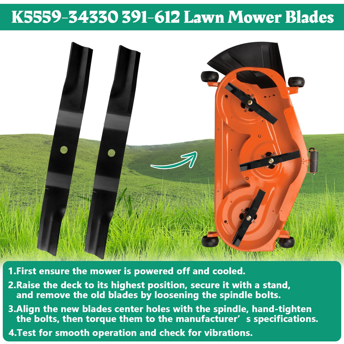 Showingo K5559-34330 blade installed on Kubota Z122R, precise fit