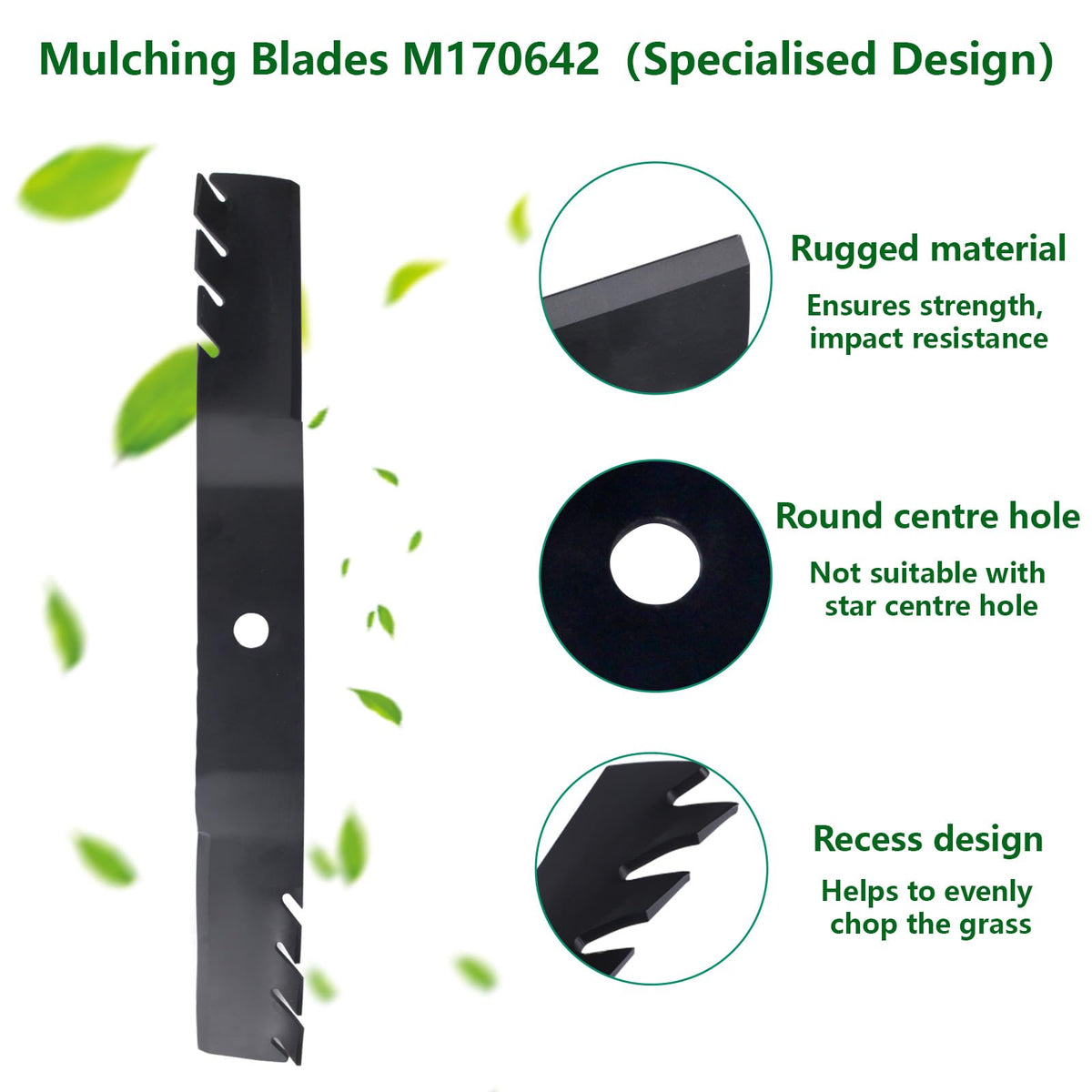 showingo M170642 blade mulching design chops clippings evenly for faster mowing.