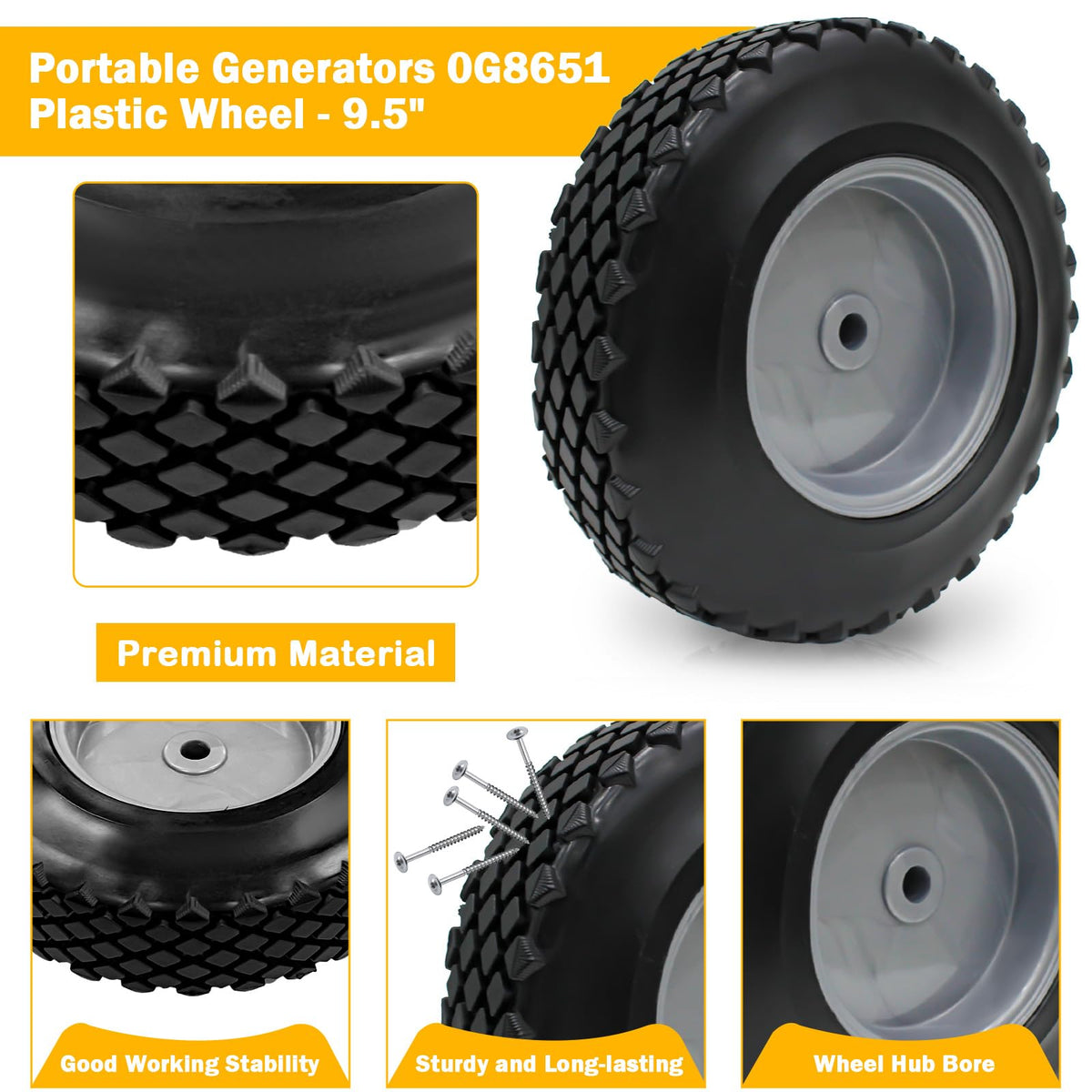 Showingo plastic wheel 9.5-inch with wear and puncture resistance for tough conditions.