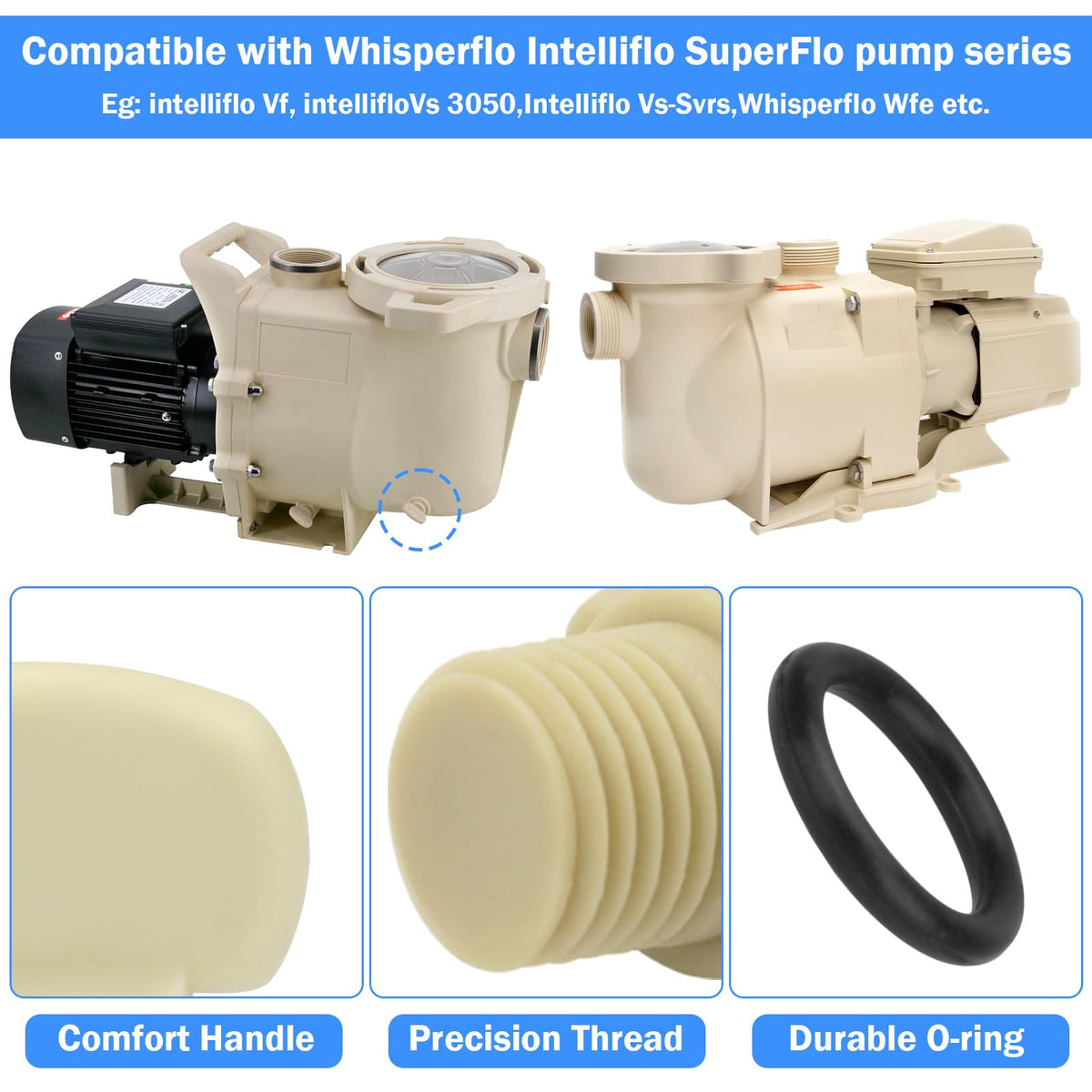 Showingo Whisperflo compatible drain plug for quick upgrades.