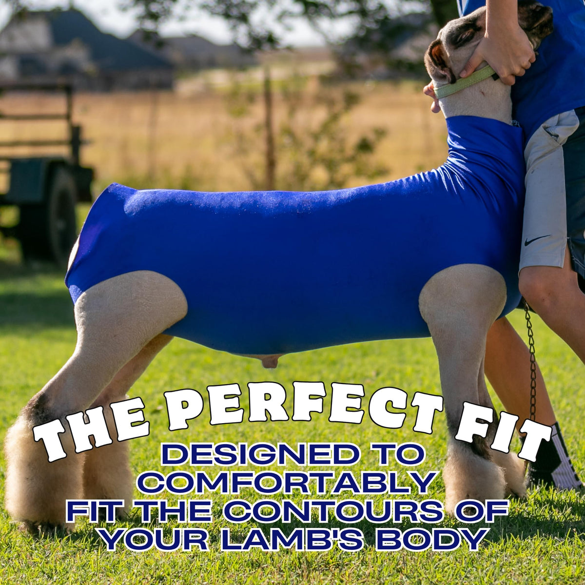 Showpro Outfitting Champions blue spandex lamb tube close-up highlights durable four-way stretch fabric