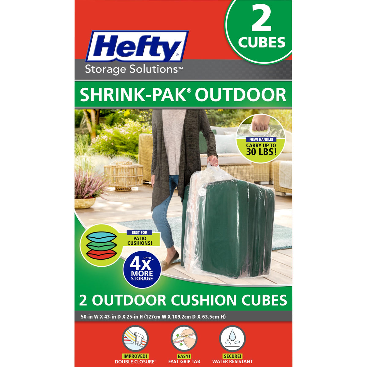 Shrink-Pak Outdoor Cushion Cube 2pk front view shows bulky cushions stored neatly