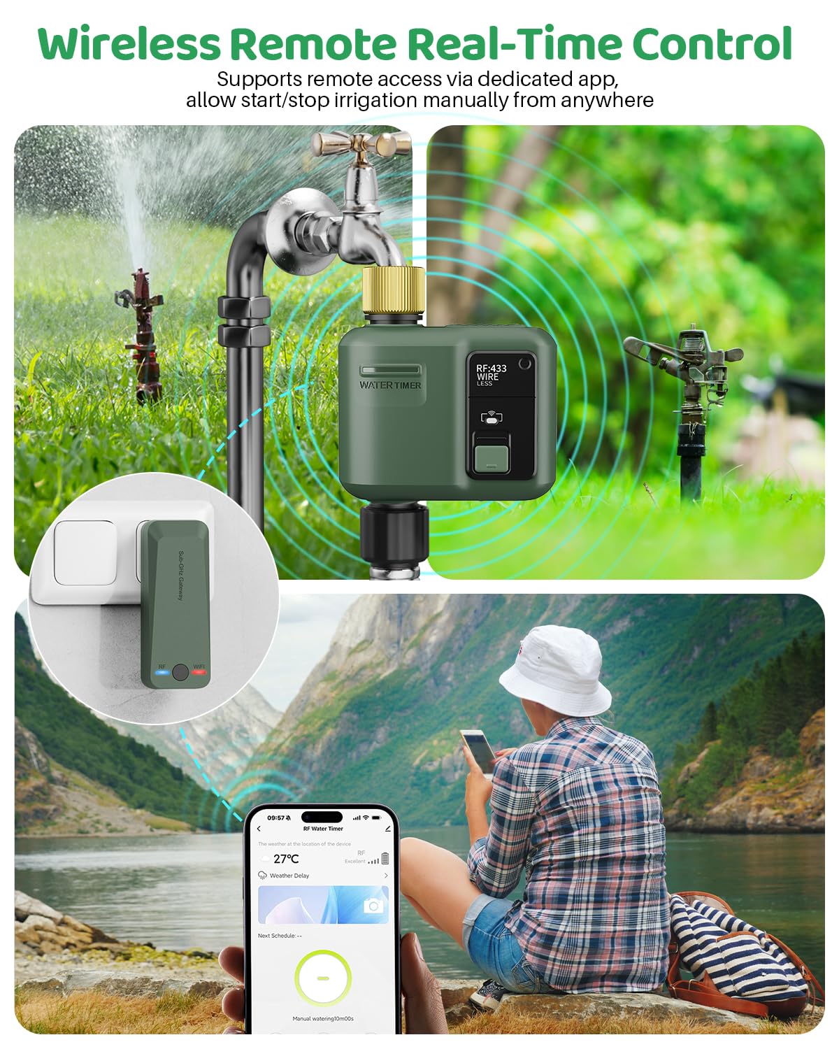 Shrivee wifi water timer app control on smartphone for remote watering.