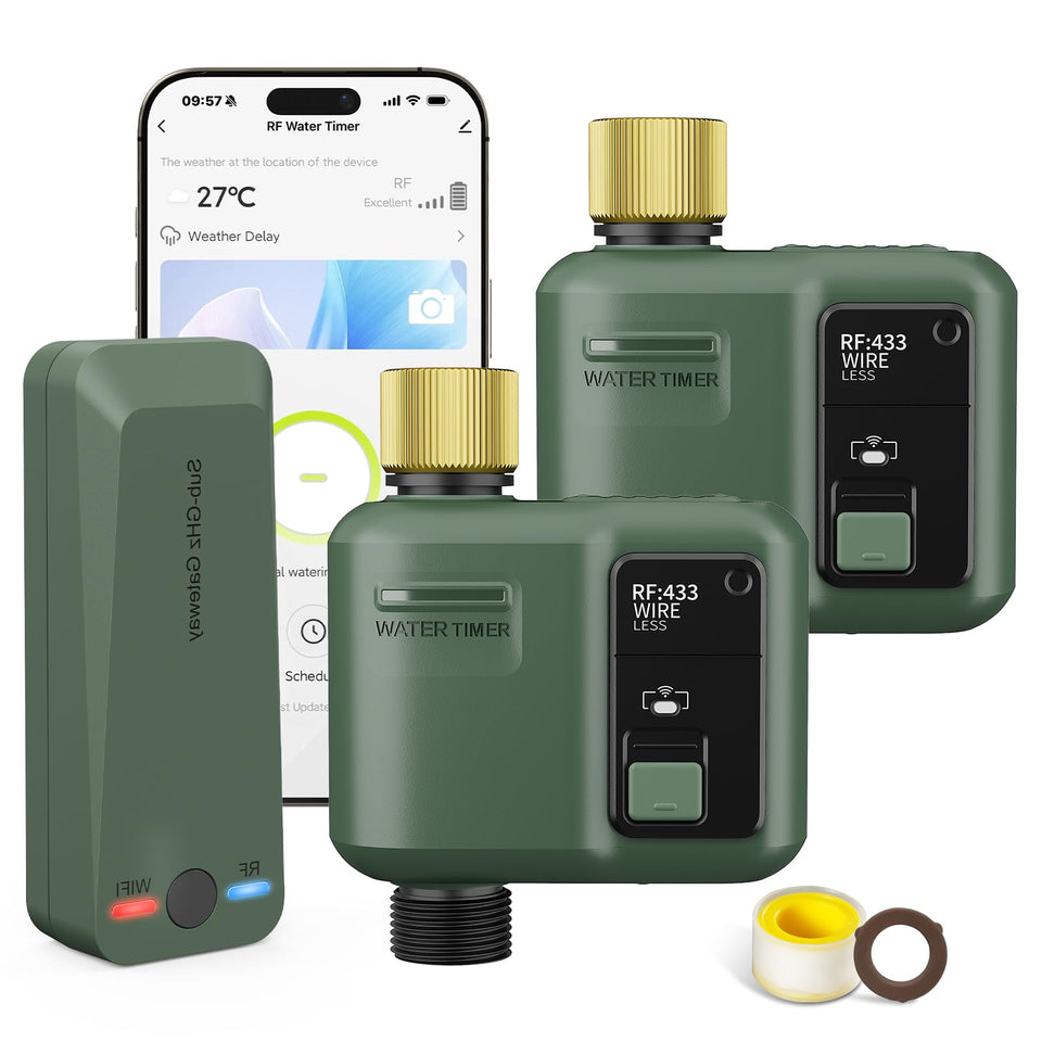 Shrivee wifi water timer with garden hose setup for hands-free irrigation control.