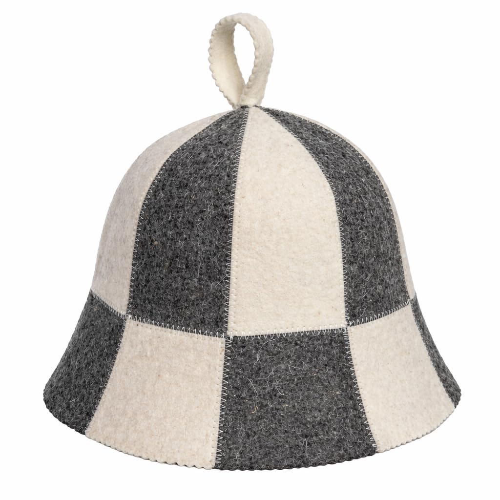 SHSH trade group wool sauna hat closeup shows checkered pattern and hair protection