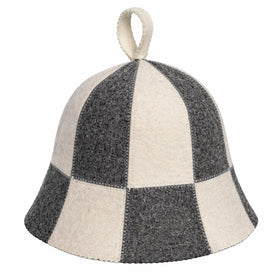 SHSH trade group wool sauna hat closeup shows checkered pattern and hair protection