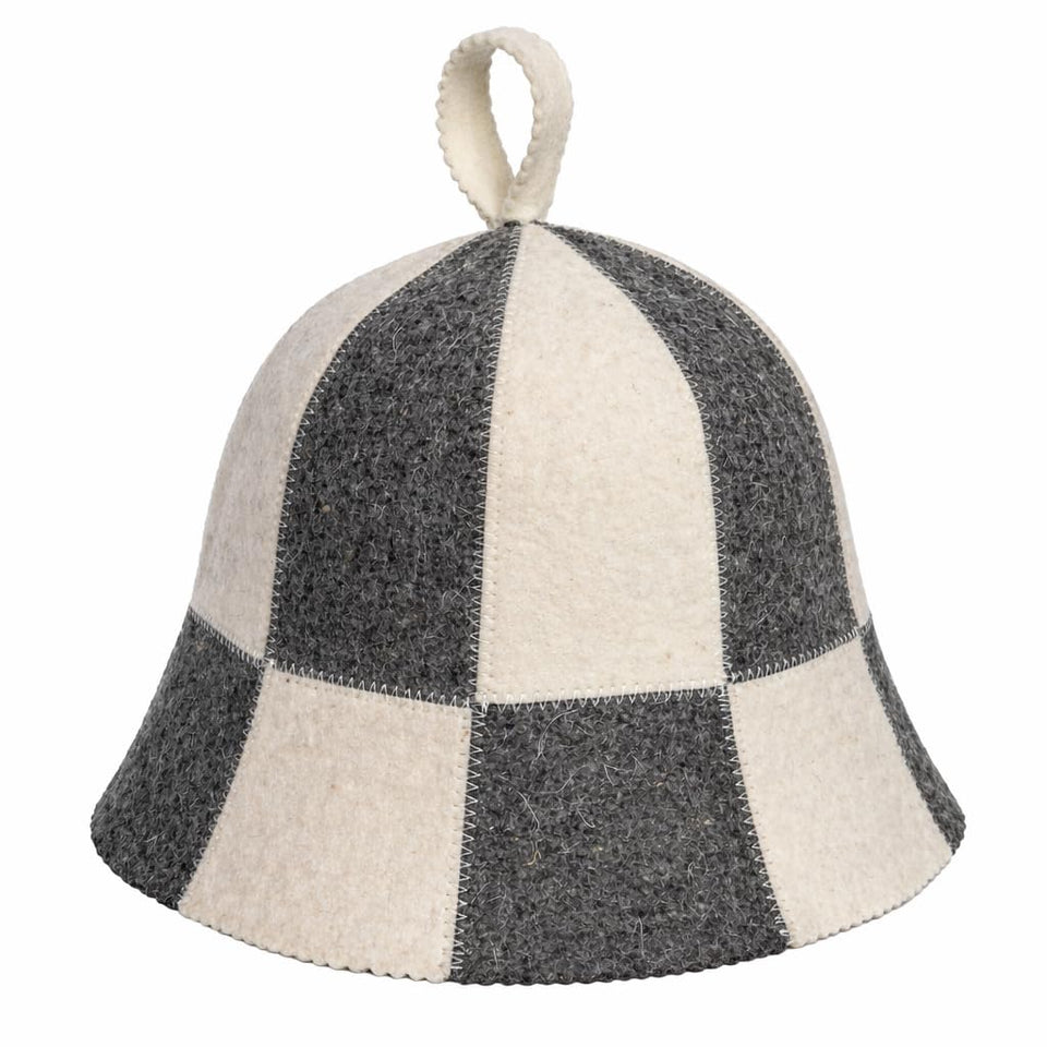 SHSH trade group wool sauna hat closeup shows checkered pattern and hair protection