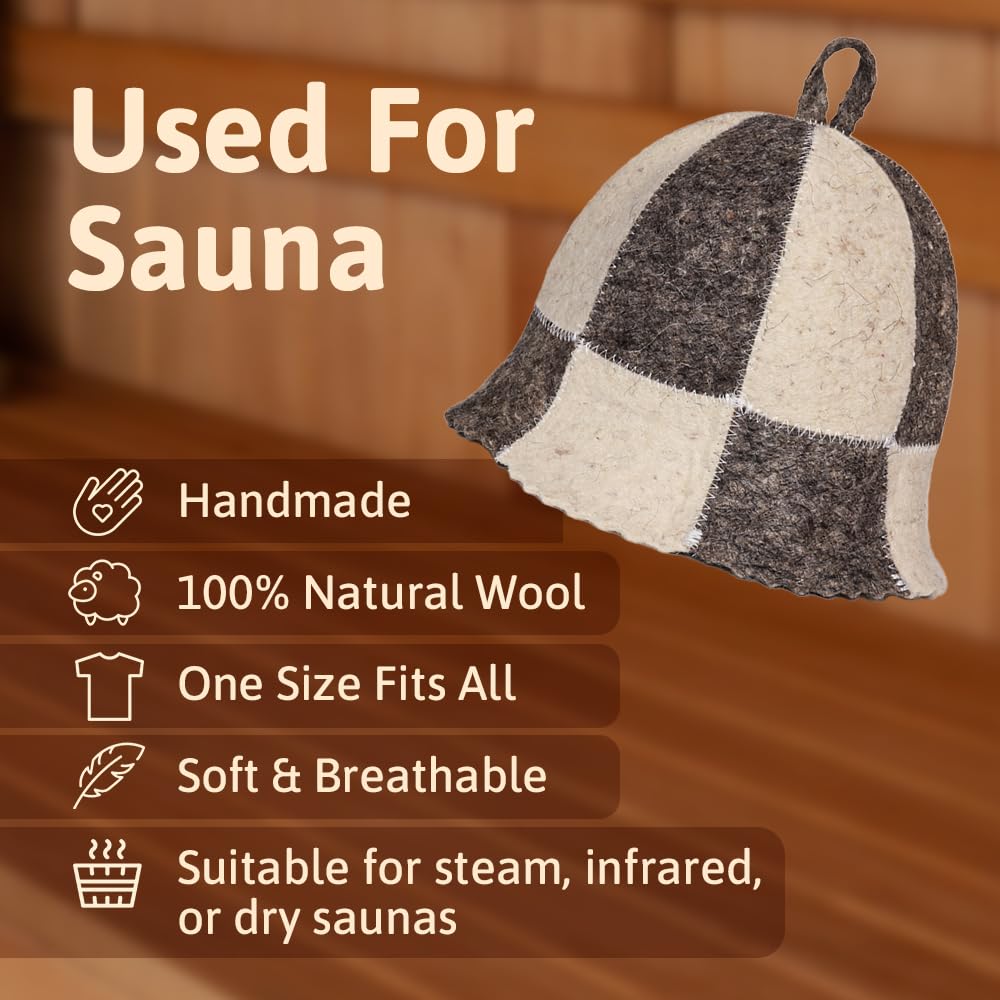 SHSH wool sauna hat grey checkered fabric on head