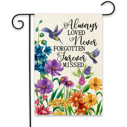 ShuanQ Always Loved Never Forgotten flag shown in soft-toned design, ideal for outdoor memorial spaces.