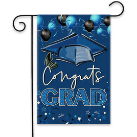 ShuanQ Congrats Grad flag, double-sided design with blue cap balloons for yard visibility.