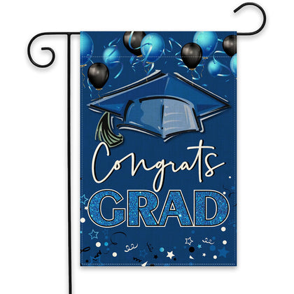 ShuanQ Congrats Grad flag, double-sided design with blue cap balloons for yard visibility.