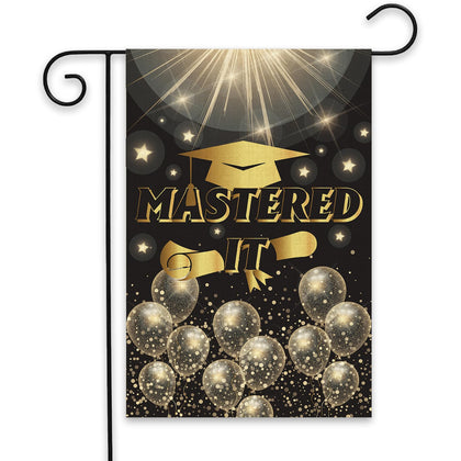 ShuanQ Mastered It garden flag front view shows bold graduation motif for outdoor cheer.