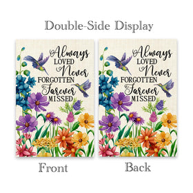 ShuanQ soft floral and dove motif flag enhances garden memorial with gentle tribute.
