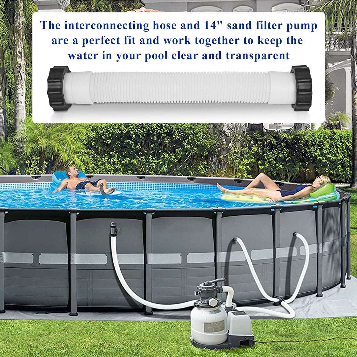 Shuisen easy-install pool hose ready to connect to 14-inch sand filter pumps.