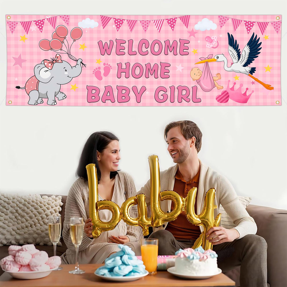 Shuitouk pink elephant design banner adds playful charm outdoors.