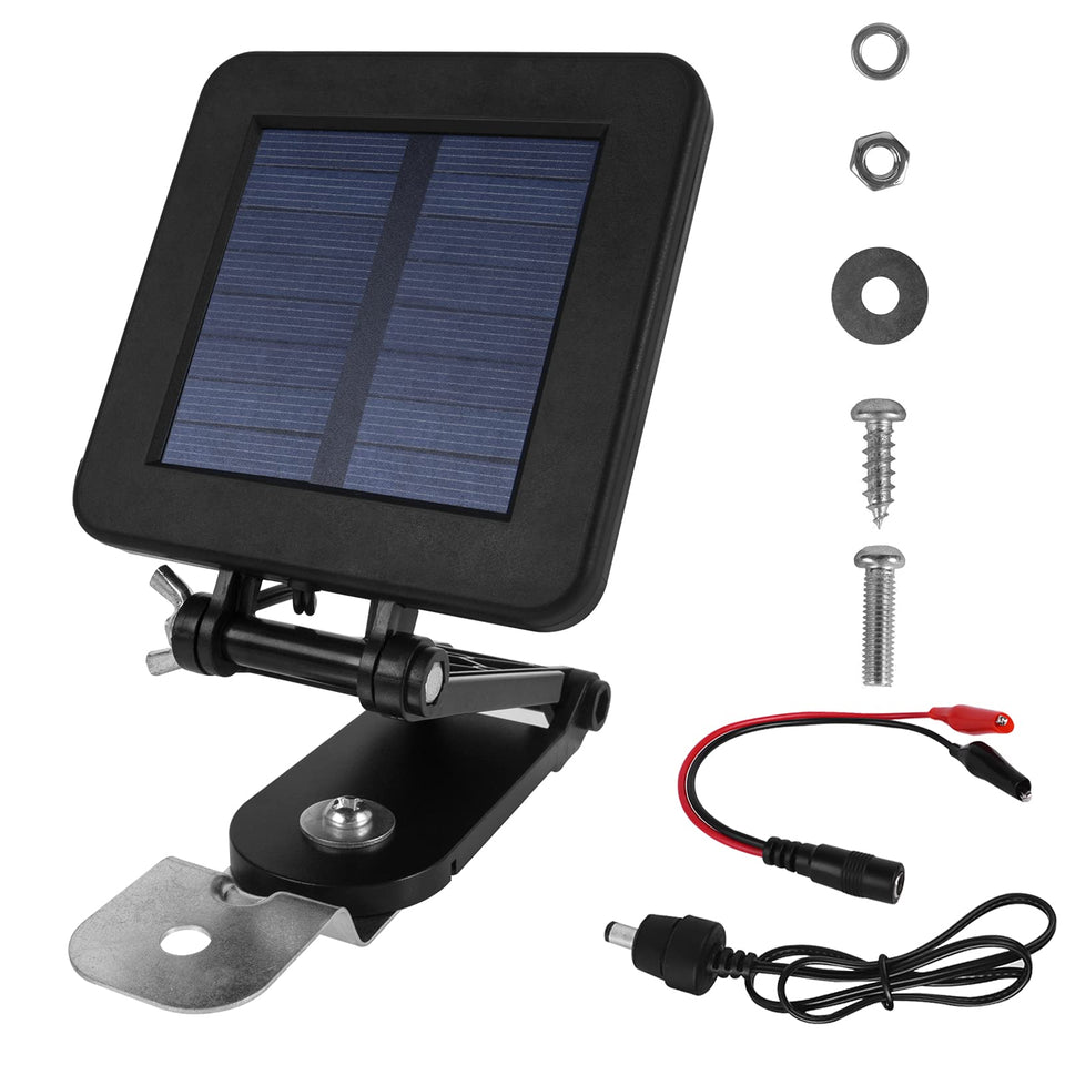 Shumi 6V solar panel mounted on a deer feeder enabling reliable outdoor charging.