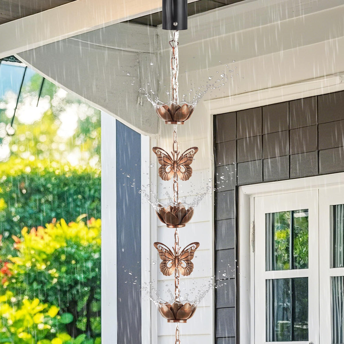 Shumi lotus and butterfly cups create a unique outdoors water feature.