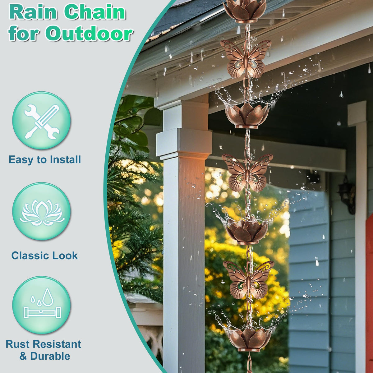 Shumi rain chain length adjusts to fit diverse homes and setups.