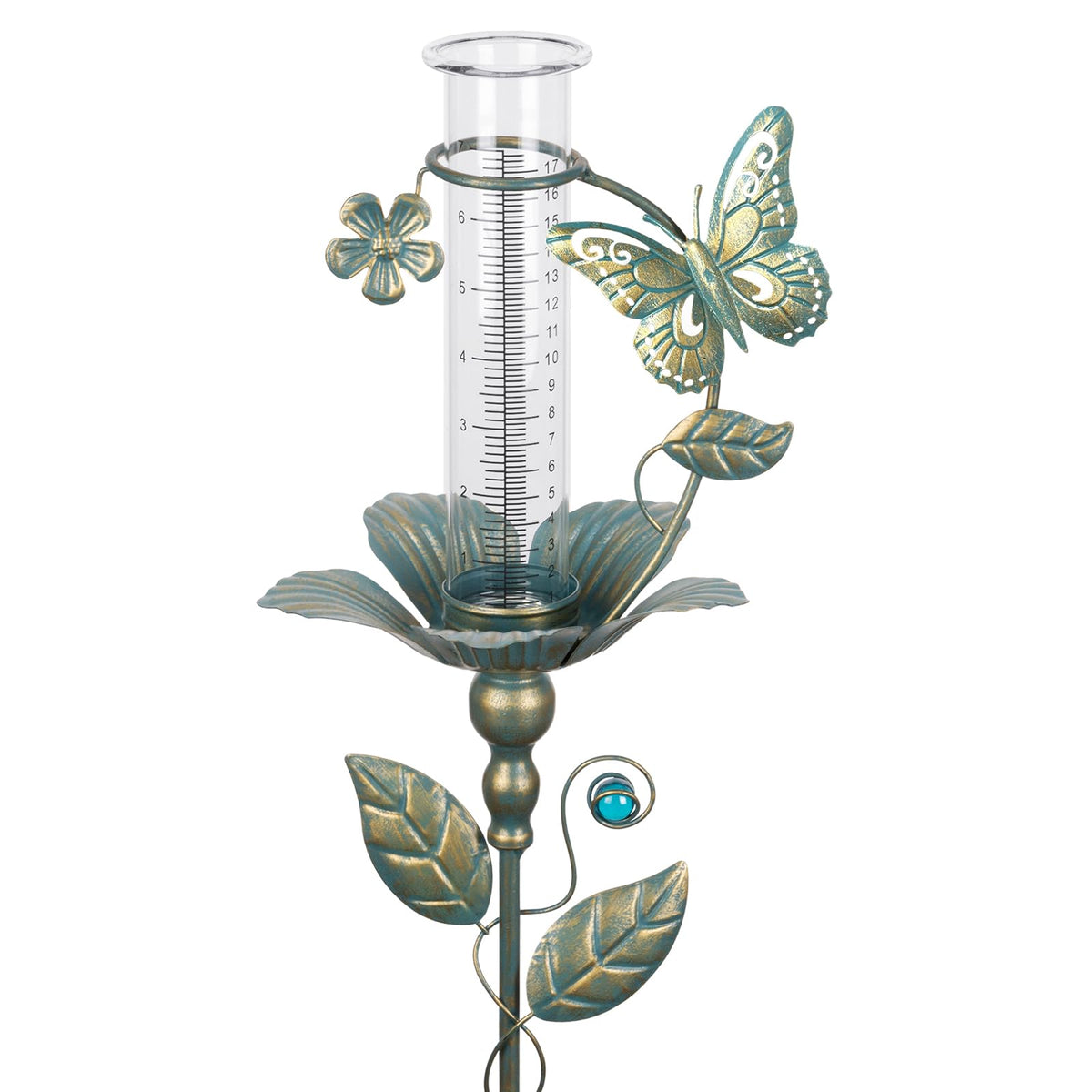 Shumi rain gauge butterfly design with clear glass tube for easy rainfall readings.