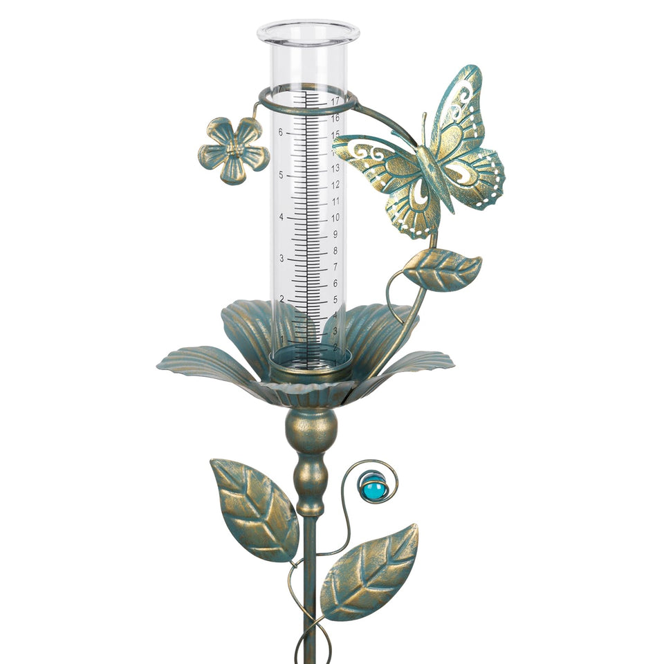 Shumi rain gauge butterfly design with clear glass tube for easy rainfall readings.