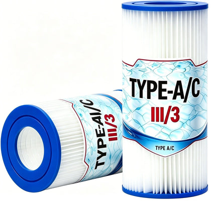 Shupti Type A/C pool filter cartridge shows 8in height for 530-1500 GPH pumps.
