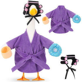 Shyyween Lady Porch Goose Bathrobe on outdoor gnome-like statue for charm