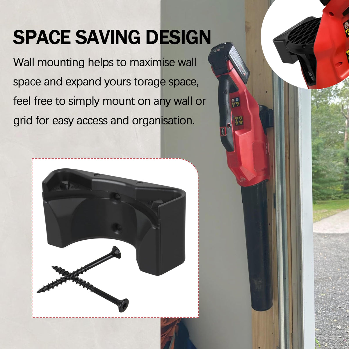 Garage organization with Sialvnd M-18 bracket for clutter reduction