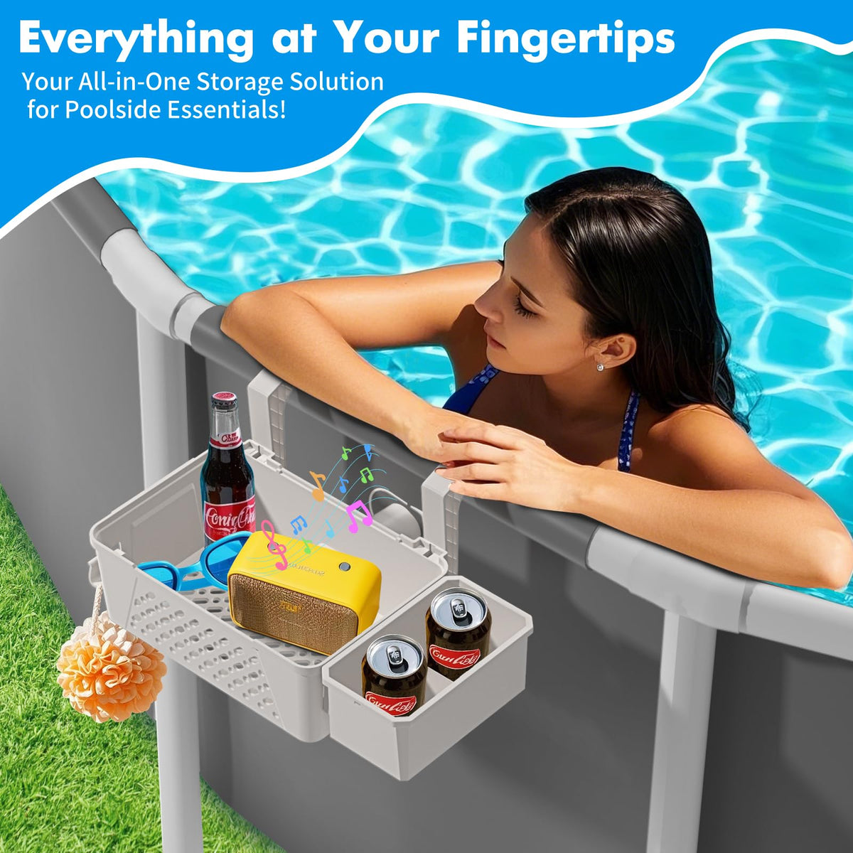 Sibada beige design complements pool aesthetics while organizing essentials.