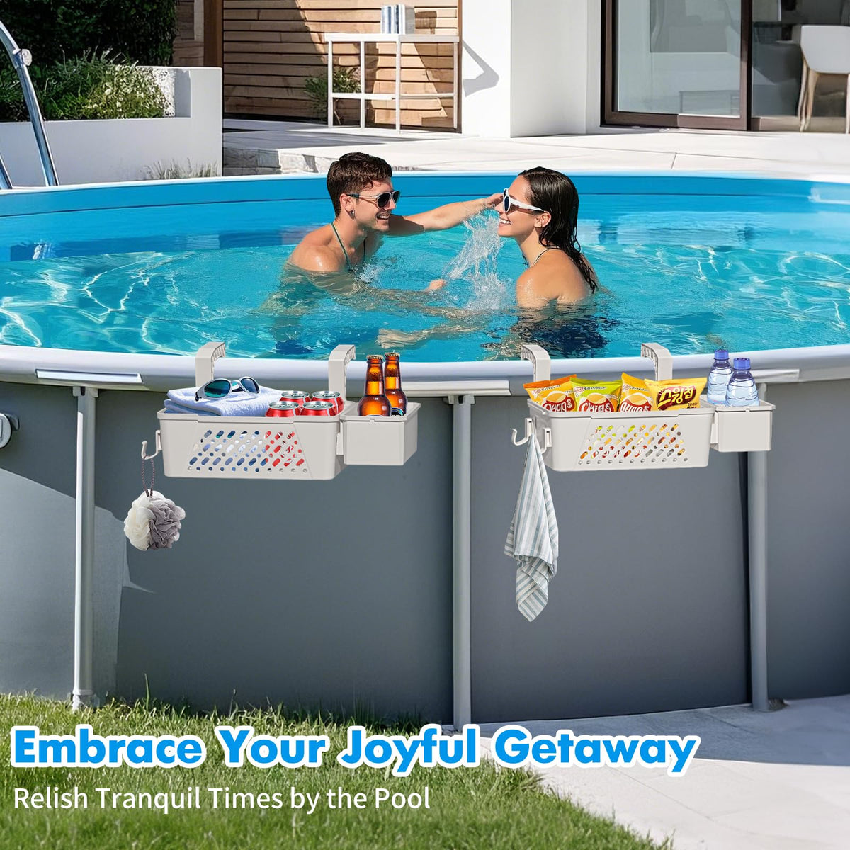 Sibada poolside storage basket with cup holders keeps drinks within easy reach.