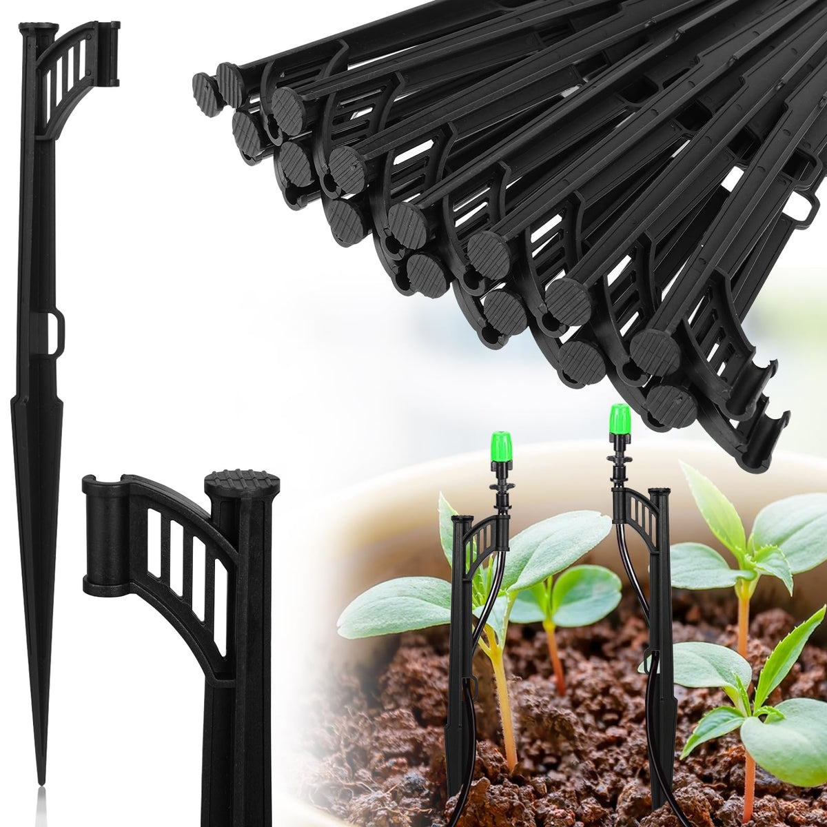 Sibosen drip stake 12.8-inch in soil maintains bed irrigation.